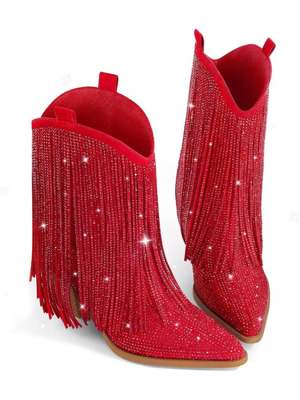 Women's Cowgirl Rhinestone Boots Red with Sparkly Fringe Pointed Toe Western - Picture 6 of 6